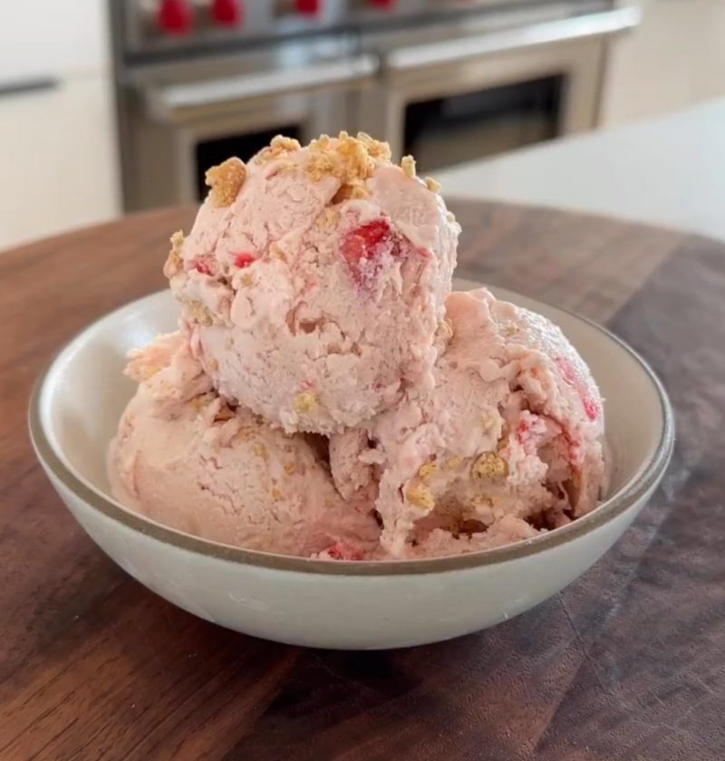 a bowl with cheesecake ice cream balls